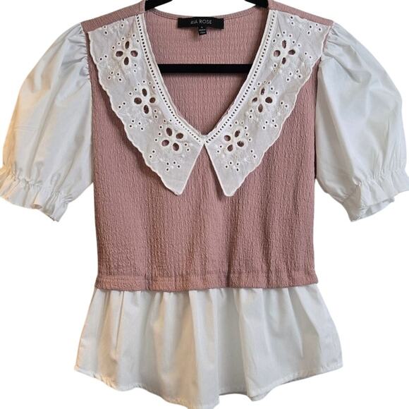 Ava Rose Women's Puff Sleeve Knit Blouse Small Pink White Contrast Peplum - Picture 2 of 8